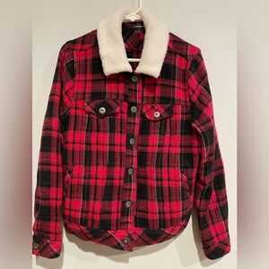 Torrid Size 0 red and black plaid button up jacket with white Sherpa col…